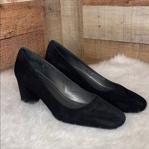 STUART WEITZMAN Black Suede Marymid Block Pumps